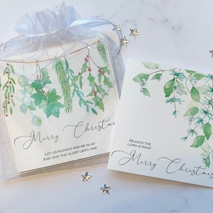 Paquet de cartes de Noël chrétiennes.  De beaux motifs botaniques embellis à la main avec des messages pour nous rappeler de nous réjouir ! Cartes de luxe