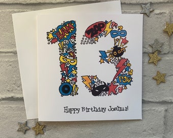 Superhero personalised 13th birthday card . Cartoon style watercolour illustration of the number 13. Thirteen