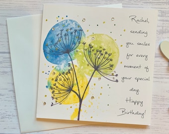 Belle carte d'anniversaire cerfeuil sauvage à l'encre et aquarelle. Peut être personnalisé avec le nom du destinataire.