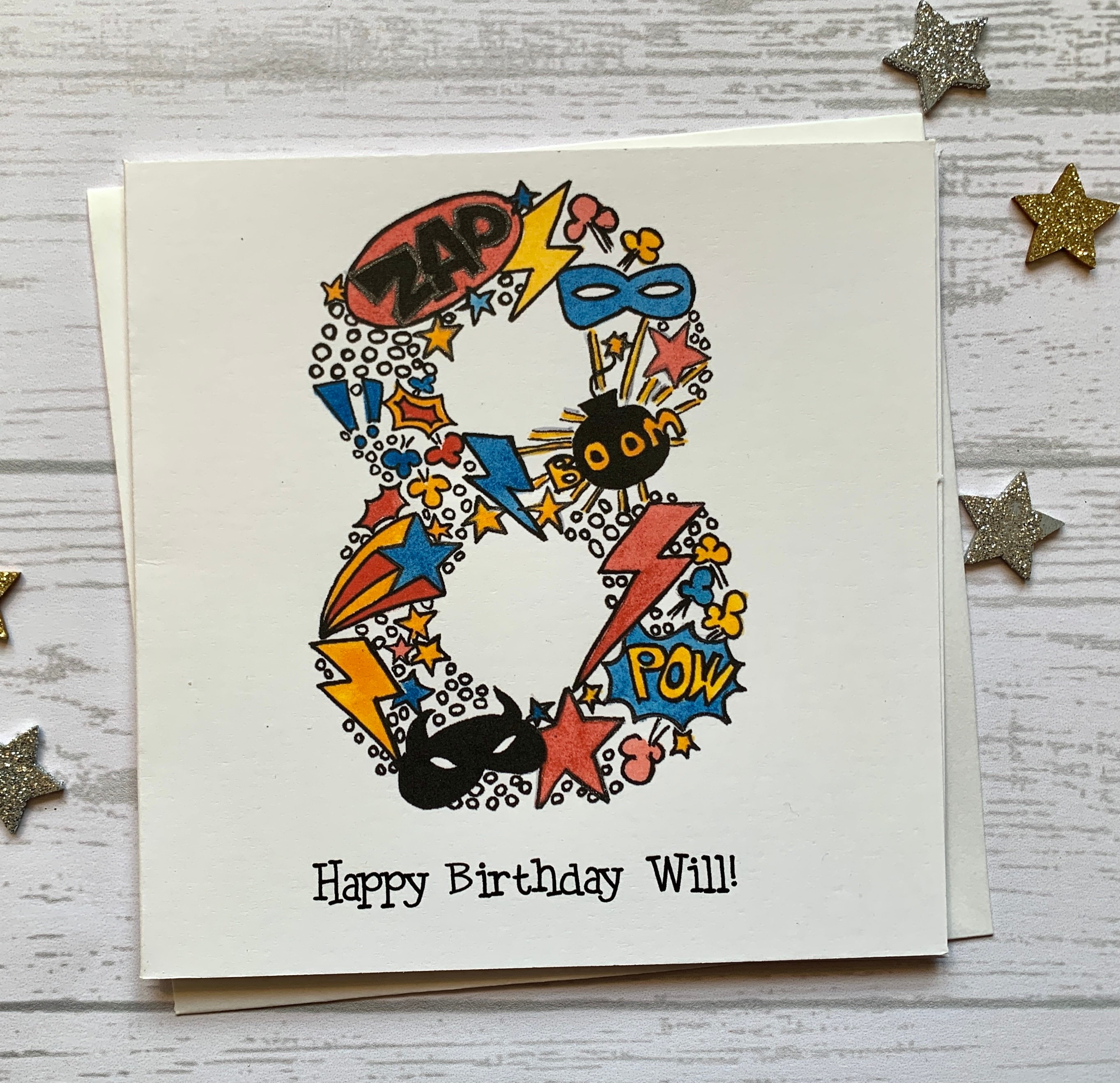 Superhero Personalised 8th Birthday Card . Cartoon Style - Etsy