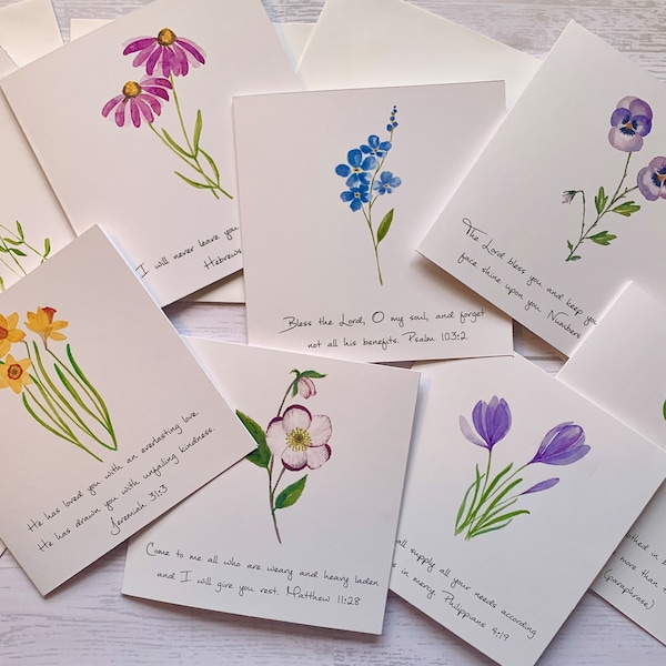 Ensemble de 8 belles cartes chrétiennes florales aquarelles, carte chrétienne, cartes religieuses, style botanique simple