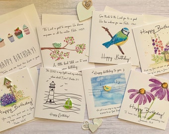 Pack of 8 beautiful,  unique Christian Birthday cards. A real variety of beautiful birthday cards, each card has an encouraging bible verse.