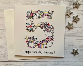 Personalized Unicorn 5th Birthday Card: Watercolor Cartoon