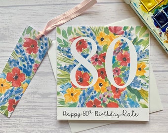 80th Birthday personalised  card and pretty gift tag. Colourful flowers surrounding the number 80. Milestone birthday card. Eighty