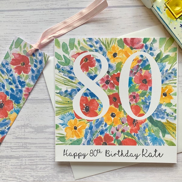 80th Birthday personalised  card and pretty gift tag. Colourful flowers surrounding the number 80. Milestone birthday card. Eighty