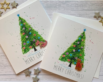 Limited edition Christmas cards.  Watercolour Christmas tree with a fun cat or dug painted wooden button. Hand  embellished   Luxurycards