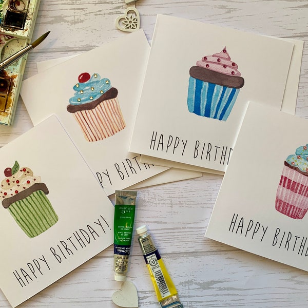 Great value pack of birthday card. Watercolor cupcake  illustrations embellished with gorgeous sparkling gemstones. Birthday cards.