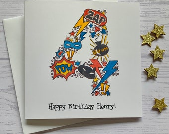 Superhero personalised 4th  birthday card . Cartoon style watercolour illustration of the number 4 embellished with silver metallic detail.