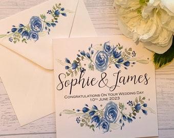 Personalised wedding card with  navy blue flowers and delicate rhinestones. Congratulations. On your wedding day