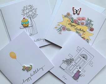 Great value pack of birthday and  greetings cards. Whimsical illustrations embellished with gorgeous wooden buttons. Birthday cards