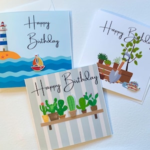 Lot de 3 cartes d'anniversaire uniques au bon rapport qualité-prix, aux motifs lumineux et aux boutons en bois peints. Les anniversaires des hommes.