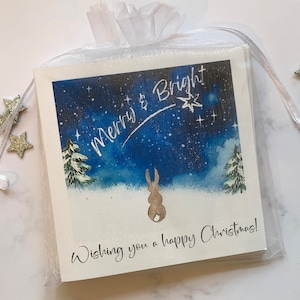 Paquet de cartes de Noël personnalisées, scène d'hiver de Noël, propre message à l'intérieur du paquet de cartes beau lapin mignon