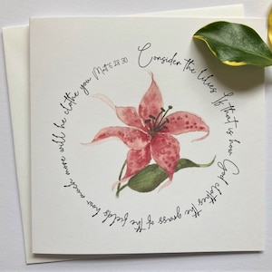 Magnifique lys aquarelle pour illustrer un verset biblique et faire une merveilleuse carte de foi chrétienne encourageante