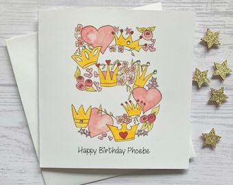 Princess personalised 5th  birthday card . Cartoon style watercolour illustration of the number 5 embellished with silver metallic detail.