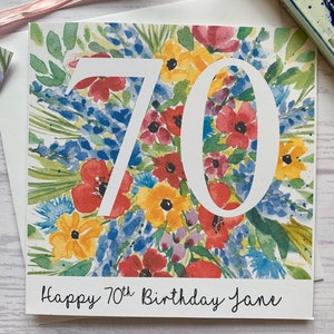 70th Birthday personalised card and pretty gift tag. Colourful flowers surrounding the number 70. Milestone birthday card. Seventy image 2