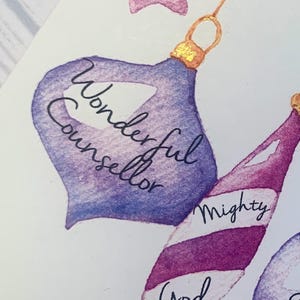Pack Christian Christmas cards. Beautiful watercolour image of baubles and the names of Jesus from Isaiah 9:6 Luxury Christmas cards image 7