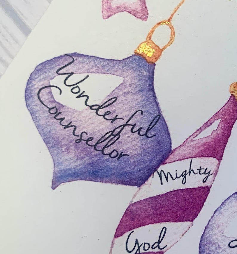 Pack Christian Christmas cards. Beautiful watercolour image of baubles and the names of Jesus from Isaiah 9:6 Luxury Christmas cards image 7
