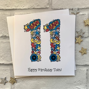 Superhero personalised 11th birthday card . Cartoon style watercolour illustration of the number 11. Eleven