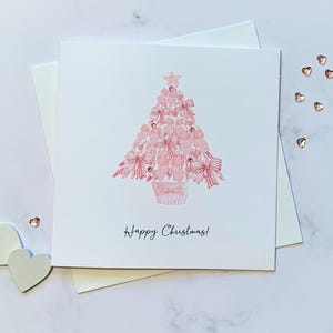 Cartes roses de sapin de Noël. De belles cartes ornées de minuscules pierres roses à la main. Message personnel/surimpression gratuite. Cartes de luxe.