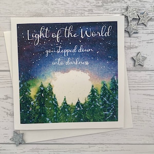 Paquet de cartes de Noël chrétiennes.  Beau fond d'écran d'hiver. Lumière du monde où vous avez plongé dans les ténèbres. Cartes de luxe