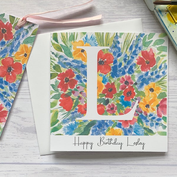 Monogram initial L (A-Z available) personalised birthday card and pretty gift tag. Colourful flowers surrounding the initial. Letter L card.