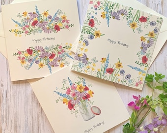 Watercolor Floral Birthday Card Set: Handmade Botanical Greeting Cards