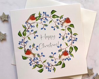 Robin Christmas Card Pack: Botanical Wreath, Personalized Message
