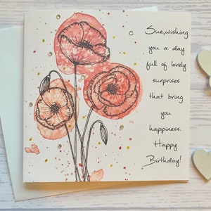 Beautiful ink and watercolour poppy birthday card. Can be personalise with the recipients name.