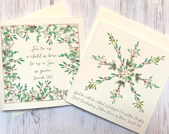 Christian Christmas card pack personalised  luxury cards, Christmas snowflake and botanical border with gold foil detail Isaiah 9 v 6