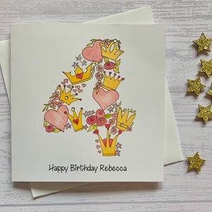 Princess personalised 4th  birthday card . Cartoon style watercolour illustration of the number 4 embellished with silver metallic detail.