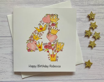 Personalized Princess 4th Birthday Card: Watercolor Cartoon