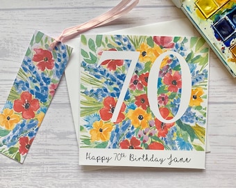 70th Birthday personalised  card and pretty gift tag. Colourful flowers surrounding the number 70. Milestone birthday card. Seventy