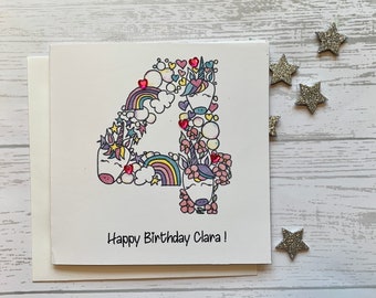 Unicorn personalised 4th  birthday card . Cartoon/doodle  style watercolour illustration of the number 4 embellished with heart gems..