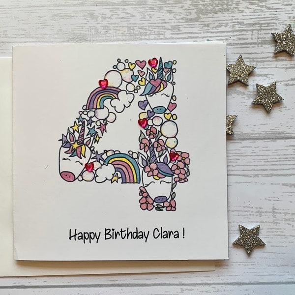 Unicorn personalised 4th  birthday card . Cartoon/doodle  style watercolour illustration of the number 4 embellished with heart gems..