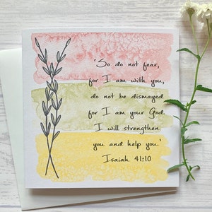 Belle carte à l'encre et à l'aquarelle avec une merveilleuse carte de versets bibliques pour encourager et inspirer. Carte de foi chrétienne. Esaïe 41:10