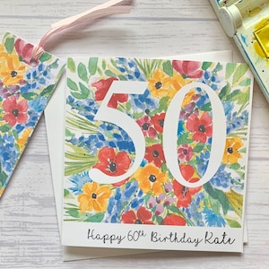 50th Birthday personalised  card and pretty gift tag. Colourful flowers surrounding the number 50.   Milestone birthday card. Fiftieth.