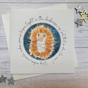 Pack of Christian Nativity Christmas cards.  Watercolour manger scene with the words from Way Maker surrounding. Light in the darkness.