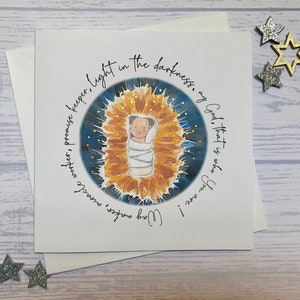 Pack of Christian Nativity Christmas cards.  Watercolour manger scene with the words from Way Maker surrounding. Light in the darkness.