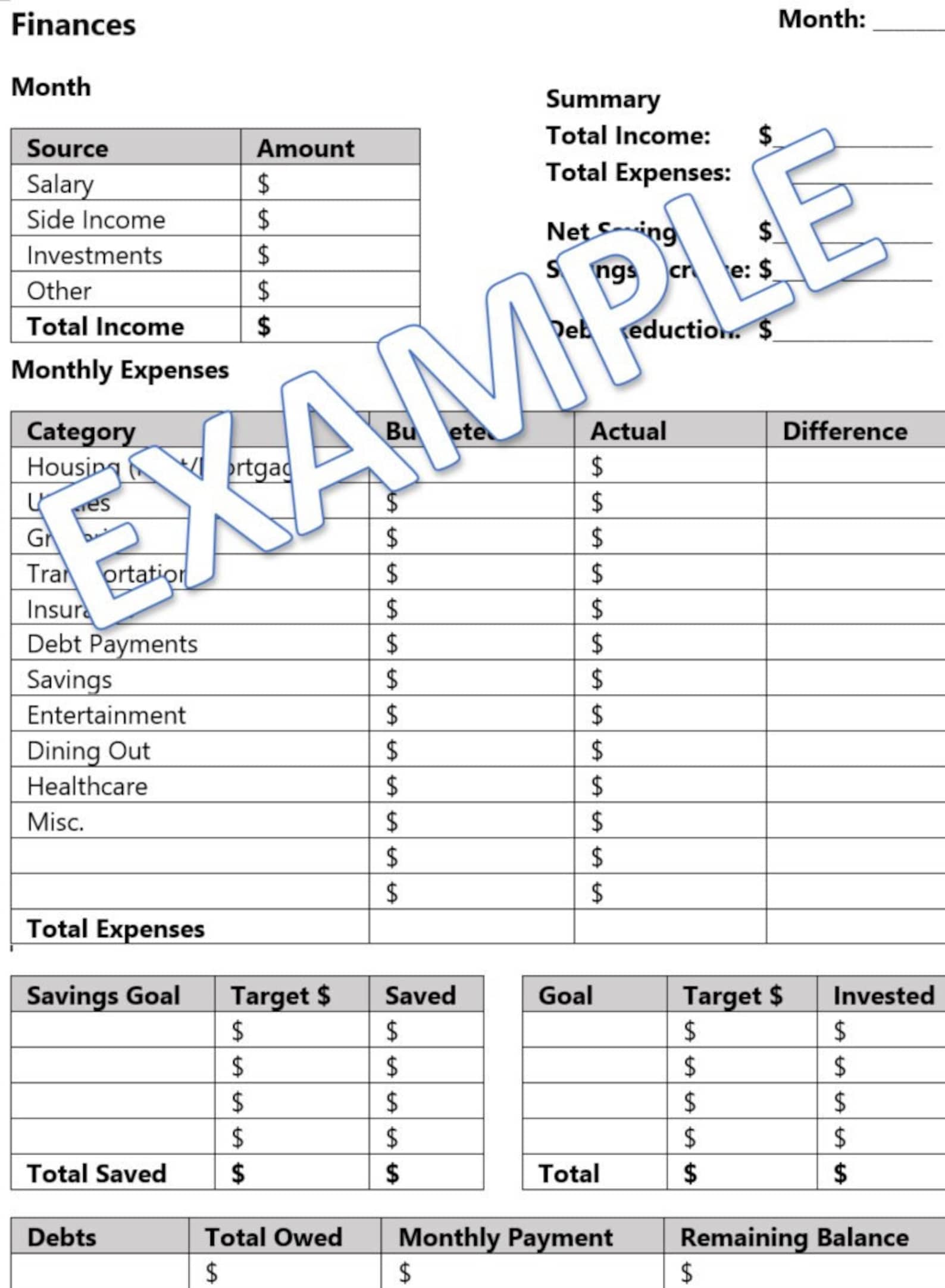 Monthly Finances Planner Printable Budget Tracker Financial Planning ...