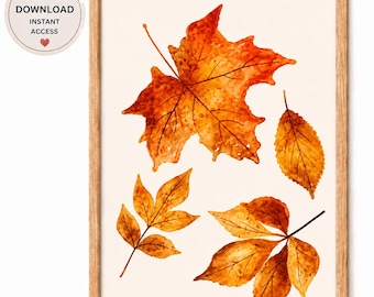 Watercolor Autumn Leaves Print, Burnt Orange Botanical Wall Art (Digital Download)