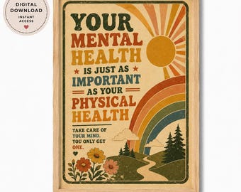 Retro Mental Health Print: 70s Affirmation Wall Art, Boho Self Care Poster (Digital Download)