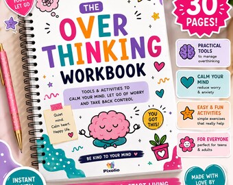 Overthinking Workbook, Anxiety Worksheets, Mental Health Journal, Self Care Tools (Instant Download)