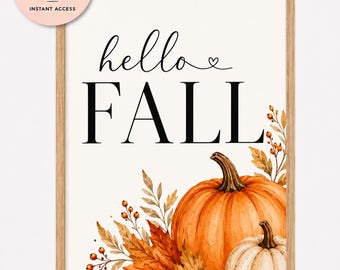 Hello Fall Wall Art Printable, Autumn Pumpkin Print, Neutral Seasonal Home Decor, Digital Download