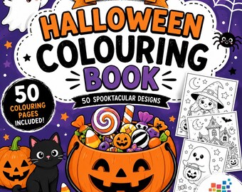 50-Page Halloween Colouring Book, Spooky Ghosts, Pumpkins, Witches (Digital Download)