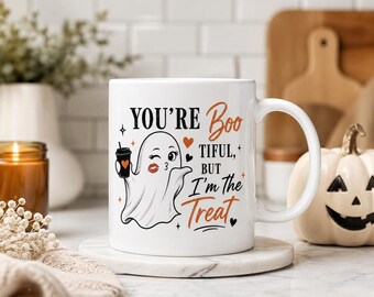 Funny Halloween Ghost Mug, Flirty Boo Tiful Coffee Cup, 11oz or 15oz Ceramic Mug