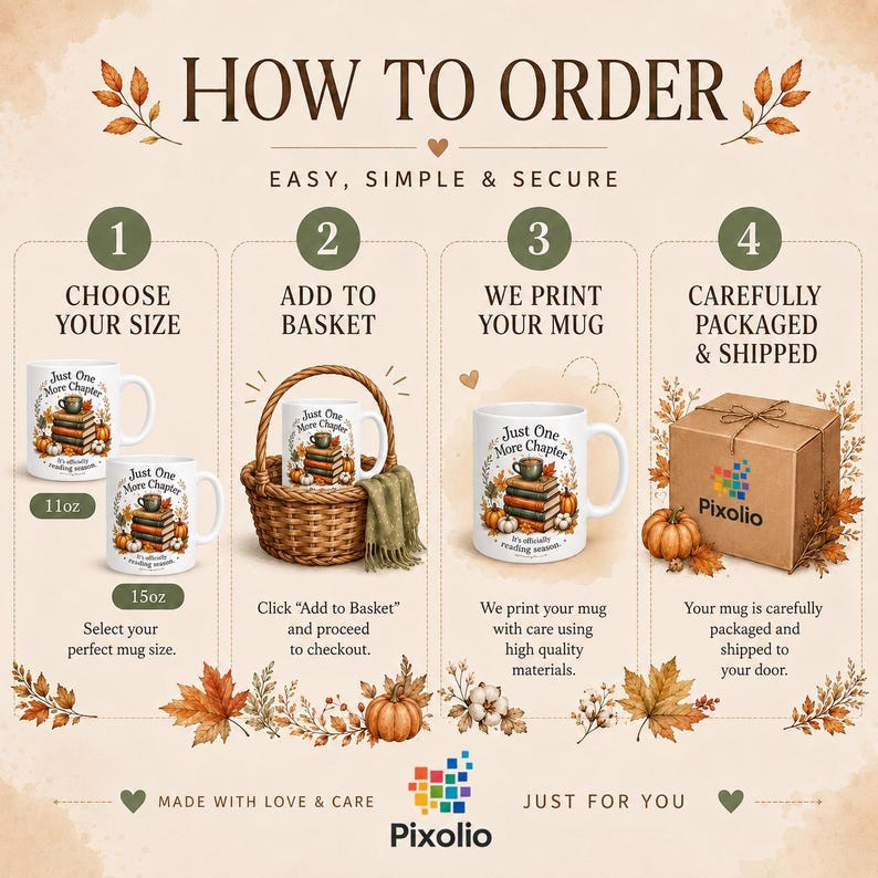 May include: An instructional graphic titled HOW TO ORDER with four steps. It displays white ceramic mugs with a stack of books and pumpkin illustration, text reading Just One More Chapter, a woven basket, and a cardboard shipping box with the Pixolio logo.