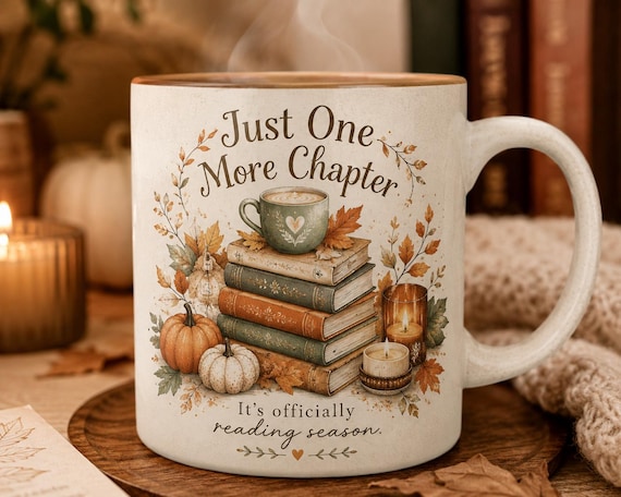 Personalised Book Lover Mug, Just One More Chapter, Autumn Reading Season Coffee Cup