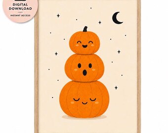 Stacked Pumpkin Halloween Wall Art, Autumn Moon Stars (Digital Download)