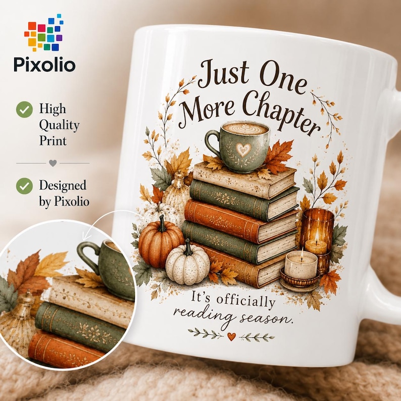 May include: A white ceramic mug featuring a stack of books, pumpkins, autumn leaves, and a candle. The text reads Just One More Chapter and It's officially reading season. The design includes a small heart icon and a decorative botanical wreath.