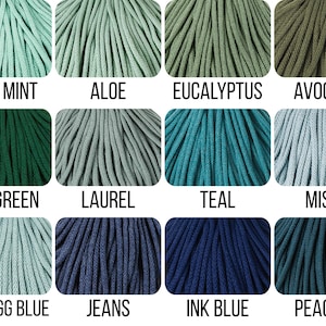 May include: A grid of twelve bundles of cord in various shades of green and blue. Each bundle is labeled with its color name: Jelly Mint, Aloe, Eucalyptus, Avocado, Pine Green, Laurel, Teal, Misty, Duck Egg Blue, Jeans, Ink Blue, and Peacock.